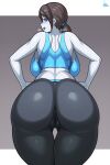  1girl absurdres ass ass_focus back backboob black_eyes black_panties black_pants breasts brown_hair cleft_of_venus from_behind grey_background highres jmg large_breasts legs muscular muscular_female nintendo panties pants pussy short_hair solo sports_bra sportswear standing steam sweat thigh_gap thighs underwear wii_fit wii_fit_trainer yoga_pants 