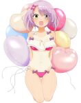  1girl :d alternate_costume arms_behind_back balloon bare_shoulders bikini blush bow breasts cafe_stella_to_shinigami_no_chou cleavage collarbone commentary curvy dark-skinned_female dark_skin eyes_visible_through_hair full_body green_eyes hair_bow hair_over_one_eye happy heart_balloon hiuchidani_mei kneeling komatsu_(sakanae) long_bangs medium_breasts navel open_mouth pink_bikini pink_bow purple_hair short_hair simple_background smile solo stomach straight-on swimsuit tan tanlines thigh_gap thighs tsurime white_background wide-eyed 