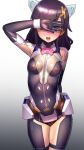  1girl alice_gear_aegis blush breasts cameltoe covering_own_eyes elbow_gloves gloves hair_ornament headgear highres leotard looking_at_viewer medium_hair nipples open_mouth purple_eyes sasayuki see-through small_breasts smile solo yorishiro_eri 