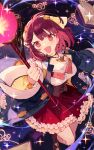  1girl :d arm_up atelier_(series) atelier_resleriana atelier_sophie_2 blue_coat book breasts brown_eyes brown_footwear cleavage coat detached_collar dress fang full_body grimoire hair_ornament head_scarf highres holding holding_staff holding_weapon long_sleeves looking_at_viewer magic noco_(adamas) shoes short_dress short_hair small_breasts smile solo sophie_neuenmuller sparkle staff standing weapon wide_sleeves 