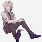  1boy brown_pants collared_shirt cross-shaped_pupils edmond_dantes_(fate) fate/grand_order fate_(series) fukusuu_(zeonms_06s) full_body green_necktie grey_hair grey_vest hair_over_one_eye hand_on_own_knee knees_up long_sleeves looking_to_the_side male_focus medium_hair necktie pants ponytail purple_footwear shirt shoes simple_background sitting sleeves_rolled_up solo symbol-shaped_pupils vest watch white_background white_shirt wing_collar wristwatch yellow_eyes 