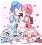  1boy 1girl absurdres backpack bad_id bad_pixiv_id bag biting blue_dress blue_eyes blue_footwear blue_hair blue_hat blush boots border braid brother_and_sister candy chocolate covered_mouth crossdressing dorothy_west dress food full_body hand_up hat heart heart-shaped_chocolate heath_(artist) high_heel_boots high_heels highres holding holding_chocolate holding_food kneeling looking_at_viewer mini_hat mole mole_under_eye one_eye_closed open_mouth otoko_no_ko pink_background pink_dress pink_eyes pink_footwear pink_hair pink_hat pink_socks plaid plaid_dress pretty_series pripara puffy_short_sleeves puffy_sleeves reona_west short_hair short_sleeves siblings side_braid smile socks twins valentine white_border 