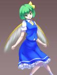  1girl alternate_hairstyle ascot blue_skirt blue_vest bob_cut collared_shirt commentary daiyousei feet_out_of_frame gradient_background green_eyes green_hair grey_background hair_ribbon highres kakone looking_at_viewer open_mouth ribbon shirt short_hair short_sleeves skirt socks solo touhou vest white_shirt white_socks wings yellow_ascot yellow_ribbon 