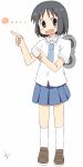  1girl black_hair blue_necktie blue_skirt blush commentary_request emoticon full_body highres kneehighs looking_at_viewer ma-2_(konkon_kitakitsune) necktie nichijou open_mouth pleated_skirt pointing pointing_to_the_side sailor_collar school_uniform serafuku shinonome_nano shirt short_hair short_sleeves signature simple_background skirt smile socks solo standing white_background white_sailor_collar white_shirt white_socks winding_key 