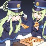  2girls :3 ^_^ armband black_shorts black_skirt blue_archive blue_armband closed_eyes commentary eating fingers_to_head floating food gloves green_hair hair_between_eyes halo hat highlander_sidelocks_conductor_(blue_archive) highlander_twintails_conductor_(blue_archive) highres holding holding_food holding_pizza kodineun_haengbokhada long_hair long_sleeves looking_at_another man_levitating_pizza_(meme) meme multiple_girls on_bench pantyhose peaked_cap pizza pizza_box pizza_slice pointy_ears psychic short_shorts shorts side_ponytail sidelocks simple_background sitting skirt train_conductor white_gloves white_pantyhose yellow_eyes 