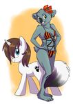  5_fingers adlynh anthro black_nose blue_eyes breasts brown_hair clothing cutie_mark duo equine fan_character female feral fur green_eyes grey_fur hair hooves horn koala_bear mammal my_little_pony nude pegasus simple_background smile standing white_fur wings 
