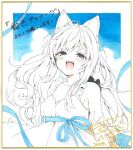  1girl animal_ears bare_shoulders blue_ribbon blue_sky blush breasts commentary_request dress fangs fox_ears highres kise_itsuki long_hair looking_at_viewer open_mouth original photo_(medium) ribbon shikishi sky small_breasts smile solo spot_color sundress teeth traditional_media waist_ribbon 