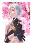  1girl bare_shoulders cherry_blossoms gloves hapishapiri highres hush_(fortnite) jewelry looking_at_viewer necklace red_eyes solo white_hair 