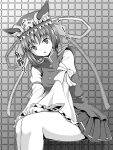  1girl commentary_request frilled_hat frills greyscale grid_background hat hat_ribbon highres juliet_sleeves kakone long_sleeves looking_at_viewer miniskirt monochrome open_mouth puffy_sleeves ribbon ribbon-trimmed_skirt ribbon_trim rod_of_remorse shiki_eiki short_hair sitting skirt solo touhou translation_request 