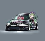  2girls black_car blush car driving glowing green_hair grey_background hair_behind_ear hair_ribbon highres hikageno macross macross_delta makina_nakajima medium_hair motor_vehicle multiple_girls nissan nissan_skyline nissan_skyline_gt-r nissan_skyline_r33 open_mouth orange_eyes pink_hair pointy_ears reina_prowler ribbon shadow short_hair smile sports_car v-shaped_eyebrows vehicle_focus walkure_(macross_delta) 