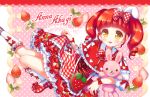  1girl :d akagi_anna bad_id bad_pixiv_id blunt_bangs blush bow capelet character_name dress food food_print frilled_dress frills fruit full_body hair_bow holding holding_stuffed_toy kiratto_pri_chan long_hair looking_at_viewer open_mouth pink_background plaid plaid_dress pretty_series red_bow red_capelet red_dress red_footwear red_hair sakura_puchirou shoes skirt_hold smile socks solo strawberry strawberry_print stuffed_animal stuffed_rabbit stuffed_toy twintails white_socks yellow_eyes 