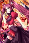  alina_pegova black_legwear chain fang_out groin holding holding_weapon long_hair magical_girl mahou_shoujo_madoka_magica midriff navel red_eyes red_hair red_skirt sakura_kyouko skirt solo thighhighs twintails weapon 