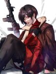  1girl absurdres ada_wong black_socks highres jacket looking_at_viewer medium_hair resident_evil resident_evil_4 rocket_launcher rpg-7 rpg_(weapon) socks solo thighhighs weapon xuuikie_ashe 