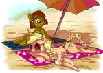  adlynh beach bikini blonde_hair braided_hair brown_hair clothing cutie_mark duo equine eyelashes eyewear fan_character feathered_wings feathers female feral glasses green_eyes hair horn lying mammal my_little_pony sand seaside smile swimsuit winged_unicorn wings 