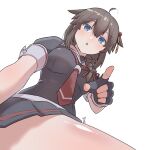  1boy 1girl absurdres admiral_(kancolle) black_serafuku blue_eyes braid brown_hair fingerless_gloves giant giantess gloves hair_flaps hair_ornament hair_over_shoulder hair_ribbon highres kantai_collection long_hair looking_at_viewer natsukaze_shigure neckerchief necktie open_mouth pointing pointing_at_viewer red_neckerchief red_necktie red_ribbon ribbon school_uniform serafuku shigure_(kancolle) simple_background single_braid skirt white_background 