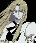  1girl black_background blonde_hair blue_eyes closed_mouth dress drill_hair floating_hair frown highres konjiki_no_gash!! long_hair looking_at_viewer parted_bangs puffy_short_sleeves puffy_sleeves sherry_belmont short_sleeves solo tsuki1910 upper_body white_dress 