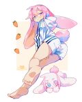  1boy absurdres animal_ears artist_logo ass barefoot blue_eyes bright_pupils carrot closed_mouth commentary_request feet heterochromia highres hood hood_down hoodie light_frown lop_rabbit_ears male_focus original pink_eyes pink_hair rabbit rabbit_boy rabbit_ears rabbit_tail raito-kun_(uenomigi) shorts tail uenomigi white_hoodie white_pupils white_shorts 