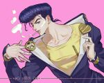  1boy 2020 anchor_symbol bandaid bandaid_on_face blue_eyes cigarette dated diamond_wa_kudakenai earrings gakuran higashikata_josuke highres jewelry jojo_no_kimyou_na_bouken long_sleeves looking_at_viewer male_focus mouth_hold open_clothes peace_symbol pink_background pompadour purple_hair school_uniform smile smoke smoking solo y06407694 