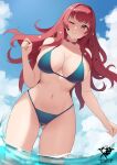  1girl alternate_costume ass_visible_through_thighs bare_arms bare_shoulders bikini blue_bikini blue_sky breasts brown_eyes cloud commentary cowboy_shot day fire_emblem fire_emblem_engage grin hand_up highres kaos_art long_hair looking_at_viewer navel one_eye_closed red_hair sky smile solo standing stomach swimsuit thighs very_long_hair wading water yunaka_(fire_emblem) 