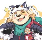  1boy animal_hat bara blush candy claws cu_sith_(housamo) dog_boy dog_hat food furry furry_male green_eyes hat highres lollipop looking_at_viewer male_focus one_eye_closed open_mouth solo star_(symbol) tokyo_afterschool_summoners translation_request upper_body yed_(yedsilent) 