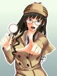  1girl amagami beret black_hair blue_background blue_eyes blue_necktie brown_capelet brown_coat brown_hat capelet coat curly_hair detective drill_hair foreshortening glass gradient_background hat highres holding holding_magnifying_glass long_hair looking_at_viewer magnifying_glass morishima_haruka necktie open_mouth pointing pointing_at_viewer red-framed_eyewear saitou_shouki solo thick_outlines upper_body 