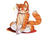 anthro blush bulge calvin_mcmurray cheek_tuft clothing cydonia_xia facial_tuft felid feline footwear fur hi_res lackadaisy male mammal muscular muscular_male orange_body orange_fur shocked simple_background socks solo striped_body stripes tail tuft underwear