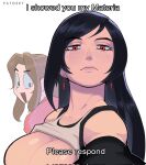  aerith_gainsborough black_hair breasts breasts_out brown_hair corrupted_twitter_file crop_top earrings final_fantasy final_fantasy_vii final_fantasy_vii_rebirth final_fantasy_vii_remake girl_staring_at_guys_chest_(meme) highres i_showed_you_my_dick_please_respond_(meme) jewelry large_breasts long_hair meme patosky red_eyes suspenders tank_top teardrop_earrings tifa_lockhart white_tank_top 