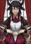  1girl absurdres adeshi_(adeshi0693119) apron black_hair curtains dragon_girl dragon_horns dragon_tail dragon_wings duel_monster glasses highres horns house_dragonmaid low_wings neckerchief open_mouth own_hands_together short_hair solo tail window wings yu-gi-oh! 
