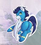  alasou blue_hair butt clothed clothing equine feral flying friendship_is_magic green_eyes hair hooves looking_at_viewer male mammal my_little_pony pegasus soarin_(mlp) solo wings wonderbolts_(mlp) 