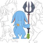  2015 anthro digital_media_(artwork) fizz_(lol) from_behind_view league_of_legends low-angle_view male mammal manmosu_marimo melee_weapon nude polearm sitting sketch spread_legs spreading standing tagme trident video_games weapon 