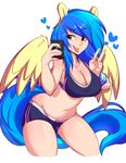  2016 animal_humanoid blue_hair breasts brown_eyes cellphone cleavage clothed clothing equine fan_character female hair human humanoid kneeling mammal my_little_pony pegasus phone rainbowscreen selfie silvia_windmane solo tongue tongue_out v_sign wide_hips wings 