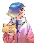 1girl blonde_hair blue_hair box gradient_clothes gradient_hair highres holding holding_box hood hoodie looking_to_the_side multicolored_hair original pink_hoodie profile short_hair signature simple_background solo upper_body white_background white_hoodie zerra01 