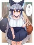  1girl animal_ears aramaru bag blush breasts choker commentary dress extra_ears fang fox_ears fox_tail gem grey_hair handbag highres kemono_friends kemono_friends_3 large_breasts leaning_forward long_hair looking_at_viewer multicolored_hair official_alternate_costume silver_fox_(kemono_friends) sleeveless sleeveless_dress tail translated yellow_eyes 