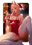  1girl arm_at_side artist_name blonde_hair blurry blurry_background blush boots breasts chainsaw_man christmas christmas_tree cleavage cross-shaped_pupils demon_horns fur_wrist_cuffs hair_ornament hairclip hand_up hat high_heel_boots high_heels highres horns inhoso instagram_logo knee_up leotard medium_breasts orange_eyes patreon_logo power_(chainsaw_man) red_hat red_horns red_leotard red_lips santa_hat sharp_teeth sitting solo spread_legs straight_hair symbol-shaped_pupils teeth thigh_boots thighs tongue tongue_out twitter_logo upper_teeth_only white_background white_footwear white_wrist_cuffs wrist_cuffs 