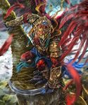  armor beak blue_tongue bracer fantasy green_eyes helmet highres holding holding_sword holding_weapon kamigoku_no_valhalla_gate looking_at_viewer mad_(artist) monster open_mouth original outdoors scarf solo sword talons weapon wings yellow_scarf 