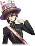  1boy artist_request birthday birthday_sash black_hair buttons clothes_writing code_geass code_geass:_lost_stories cropped_torso english_text game_cg hair_between_eyes hand_up happy happy_birthday hat highres layered_sleeves lelouch_vi_britannia long_sleeves male_focus multicolored_clothes multicolored_hat non-web_source official_art parted_lips purple_eyes sash school_uniform short_hair shoulder_sash sidelocks simple_background smile solo standing teeth top_hat transparent_background upper_body 