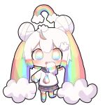  1girl :o ahoge bad_bcy_id bad_id black_sailor_collar black_skirt bright_pupils chibi cloud cloud_hair_ornament collared_shirt double_bun eyelashes full_body hair_bun hand_on_own_face light_blush long_hair long_sleeves looking_at_viewer miniskirt multicolored_eyes multicolored_hair multicolored_necktie multicolored_thighhighs necktie open_mouth original outline pleated_skirt rainbow rainbow_eyes rainbow_hair rainbow_necktie rainbow_thighhighs sad_cat sailor_collar school_uniform serafuku shirt shoes skirt sleeves_past_wrists solo symbol-shaped_pupils transparent_background very_long_hair white_footwear white_hair white_outline white_pupils white_shirt white_sleeves 