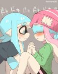  beanie blue_eyes blue_hair blush eromame hat holding holding_hands hood hoodie inkling inkling_girl inkling_player_character pointy_ears shirt shorts sitting splatoon_(series) splatoon_1 tentacle_hair yuri 