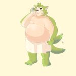 anthro belly bottle clothed clothing container drinking eyebrows fur green_body green_fur lifewonders live_a_hero male milk milk_bottle mokdai overweight solo tail tail_motion tailwag thick_eyebrows topless toto3_official towel