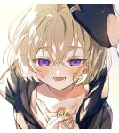  1boy aged_down aventurine_(honkai:_star_rail) black_gloves black_jacket blonde_hair gg_suyari gloves hair_between_eyes highres holding honkai:_star_rail honkai_(series) hood hood_down jacket lower_teeth_only male_focus multicolored_eyes open_mouth out_of_frame pov pov_hands shirt short_hair smile teeth white_shirt 