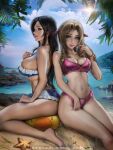  2girls aerith_gainsborough aerith_gainsborough_(pink_mermaid) beach bikini bikini_skirt blue_sky breasts cleavage cloud cloudy_sky emerald-weapon final_fantasy final_fantasy_vii final_fantasy_vii_rebirth final_fantasy_vii_remake flower frilled_bikini frilled_bikini_top frills hair_flower hair_ornament highres large_breasts medium_breasts microskirt multiple_girls narrow_waist navel ocean official_alternate_costume official_alternate_hairstyle pink_bikini sand sideboob skirt sky sun swimsuit thighs thong_bikini tifa_lockhart tifa_lockhart_(shining_spirit) white_bikini 