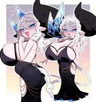  1girl animal_ears black_horns blue_eyes braid breasts cleavage cow_ears cow_girl cow_horns cow_tail dress dual_persona fang gradient_background hair_between_eyes highres horns huge_breasts huge_horns long_hair mato_tsuyoi original simple_background tail white_hair yamada_vanhouten 