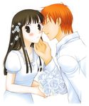  1boy 1girl blush brown_eyes brown_hair couple eyes_closed fruits_basket hair_flower hetero honda_tooru incipient_kiss orange_hair rose souma_kyou white_dress white_rose 