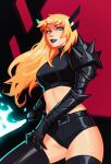  1girl animification armor blonde_hair blue_eyes highres huge_weapon illyana_rasputina long_hair magik_(x-men) marvel new_mutants qtori short_shorts shorts solo spiked_pauldrons thighhighs weapon x-men 