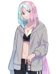  1girl alternate_costume alternate_hair_color black_bra black_pants bra breasts brown_eyes can cleavage collarbone commentary_request cowboy_shot eyelashes green_hair grey_jacket hair_down head_tilt highres holding holding_can hood hood_down hooded_jacket iono_(pokemon) jacket kana_(kanna_runa0620) long_hair looking_at_viewer multicolored_hair navel open_clothes open_jacket pants pink_hair pokemon pokemon_sv simple_background solo two-tone_hair underwear white_background 