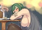  alcohol armpits bad_id bad_pixiv_id bangs beer beer_mug black_legwear blurry blush bokeh breasts covered_nipples cup depth_of_field drinking_glass drunk from_side green_hair hairband head_rest horizontal_stripes idolmaster idolmaster_(classic) large_breasts leaning_forward loose_clothes no_bra one_eye_closed otonashi_kotori out_of_frame perky_breasts red_eyes saucer short_hair sideboob signature sleeveless smile solo_focus striped swept_bangs table tank_top unmoving_pattern upper_body yoshiwa_tomo 