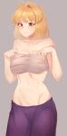  1girl absurdres antenna_hair arcueid_brunestud artist_name bare_shoulders blonde_hair blush breasts closed_mouth collarbone commentary english_commentary flying_sweatdrops frown grey_background groin hair_intakes hands_up highres large_breasts mintshiiii navel purple_skirt red_eyes sarashi short_hair simple_background skirt solo stomach sweat tsukihime v-shaped_eyebrows 