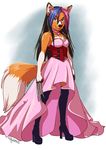  2016 adlynh anthro bare_shoulders black_hair black_nose blue_hair canine clothed clothing collar dress eyebrows eyelashes female fluffy fluffy_tail footwear fox fur green_eyes hair high_heels looking_at_viewer mammal orange_fur pink_hair simple_background solo standing wide_hips 