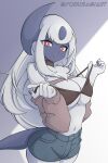  absol anthro bottomwear bra bra_pull clothing clothing_pull female generation_3_pokemon hair long_hair nintendo open_mouth pokemon pokemon_(species) red_eyes shorts simple_background solo underwear underwear_pull white_body white_hair yorusagi 