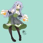  alcohol alternate_costume alternate_hairstyle alternate_legwear apron aqua_background arm_warmers beer beer_mug black_footwear black_legwear commentary_request cup dirndl dress german_clothes green_hairband green_ribbon grey_eyes hairband high_heels holding holding_cup kantai_collection long_hair neck_ribbon oktoberfest open_mouth pantyhose puffy_short_sleeves puffy_sleeves ribbon shoes short_sleeves signature silver_hair smile solo tun underbust waist_apron wavy_hair yamagumo_(kantai_collection) 